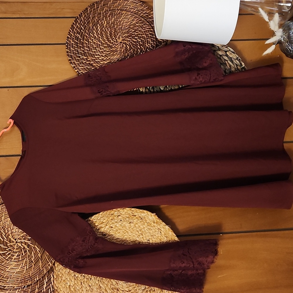 Massimo wine colored dress with bell sleeves and lace details, size XS